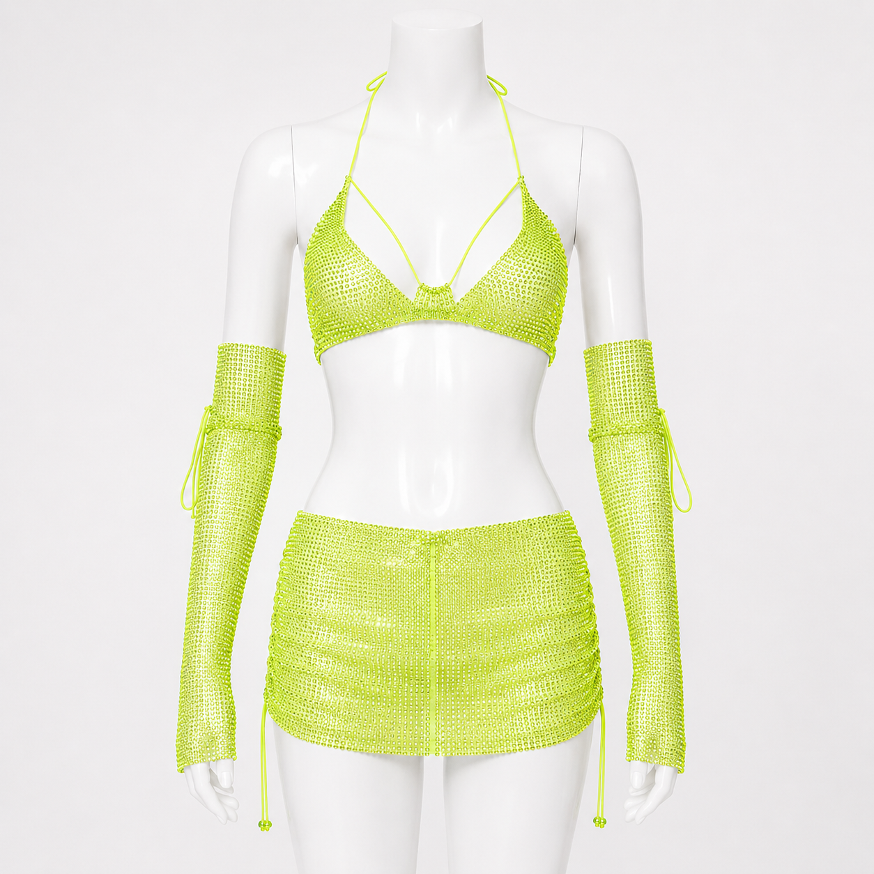 Lime Glow Rhinestone Mesh Cover-Up Set