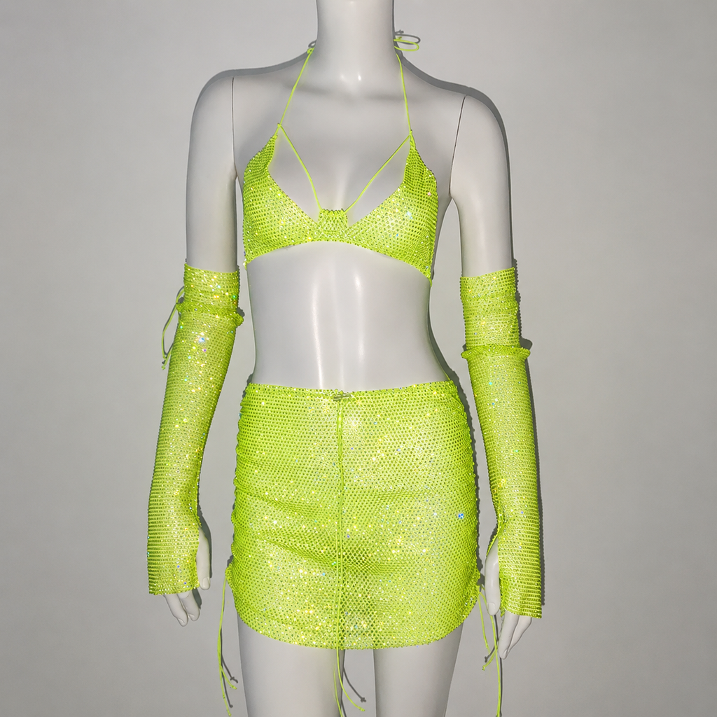 Lime Glow Rhinestone Mesh Cover-Up Set
