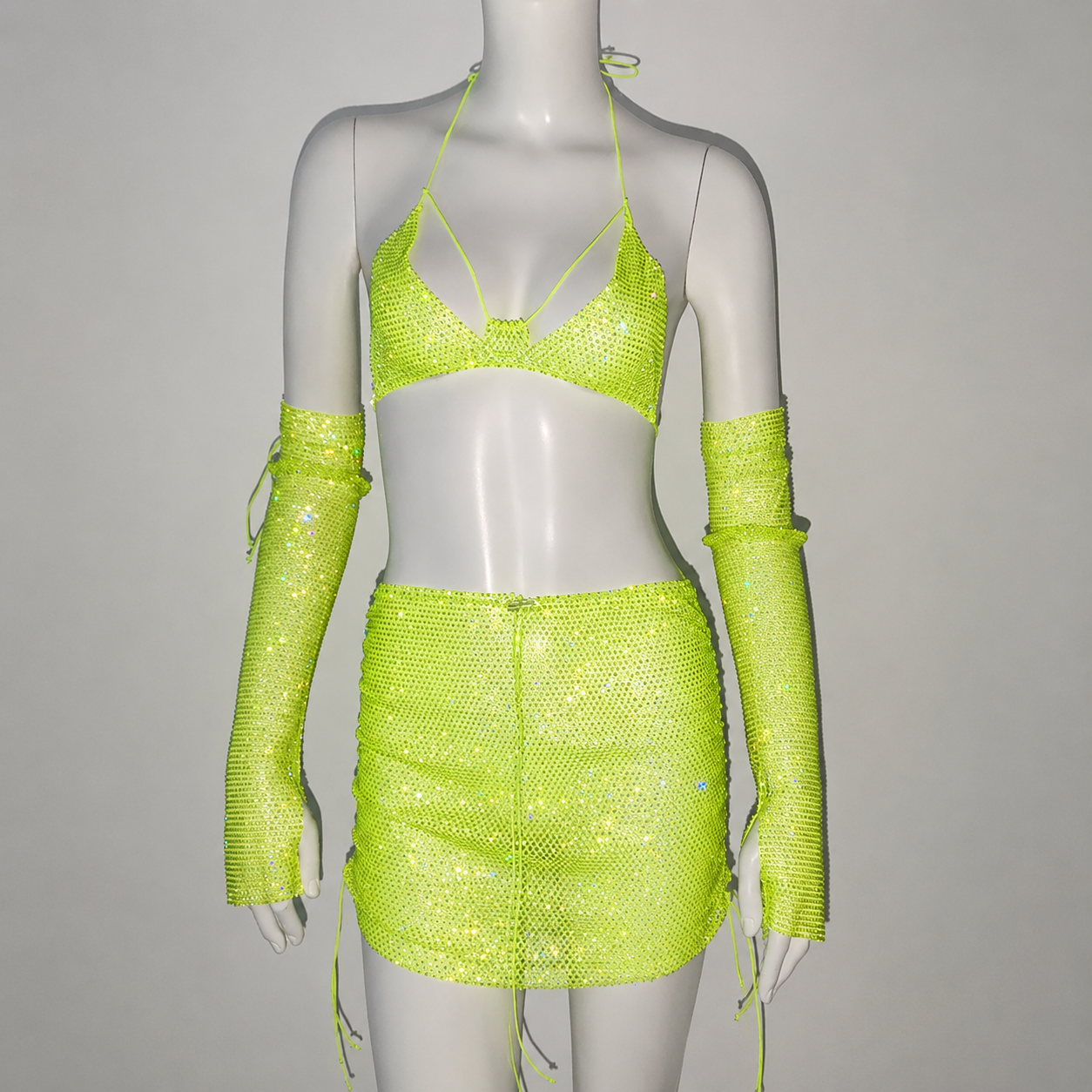 Lime Glow Rhinestone Mesh Cover-Up Set