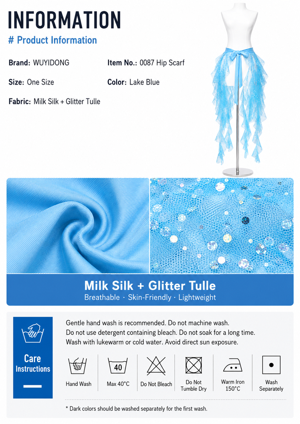 Aqua Glitter Tulle Hip Scarf Cover-Up