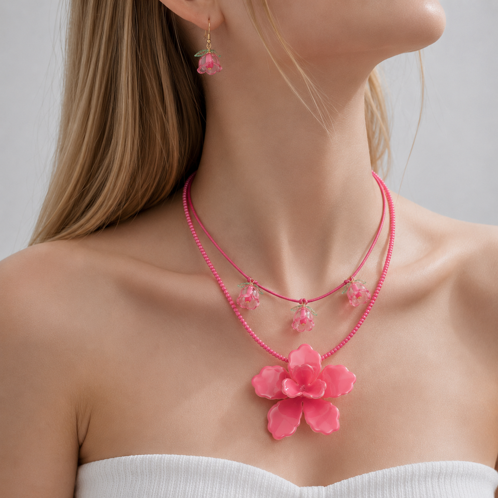 Pink Flower Jewelry Set