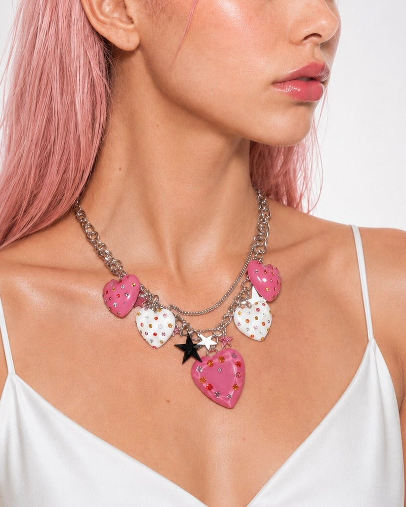 Sweet Punk Heart Star Charm Necklace
