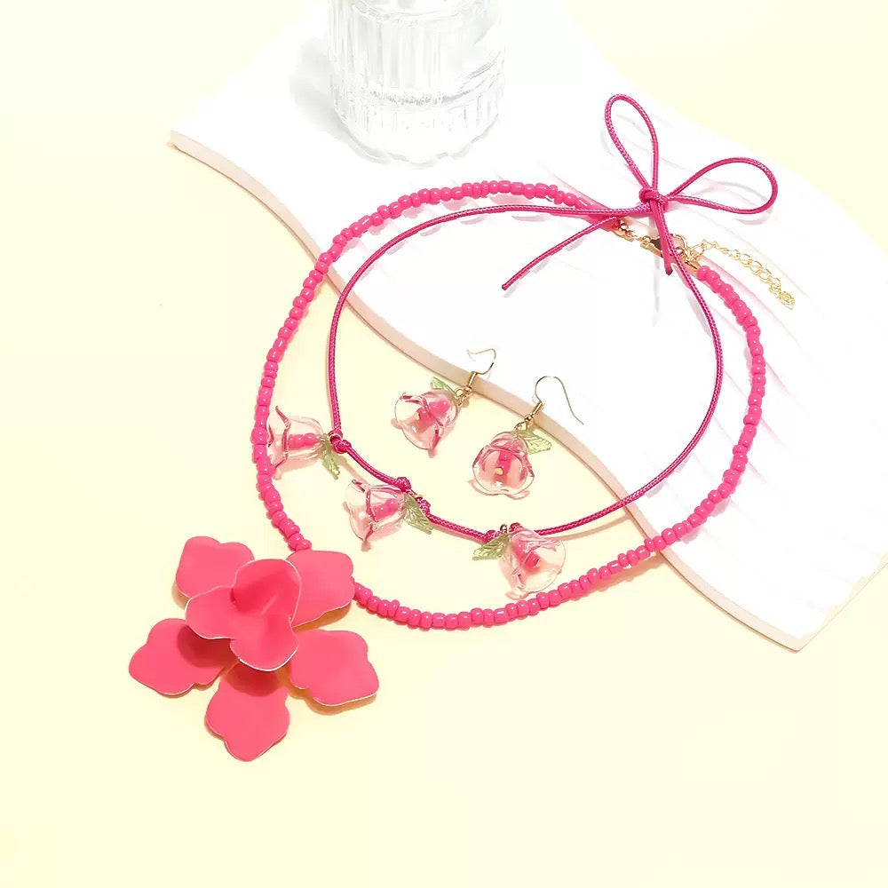 Pink Flower Jewelry Set