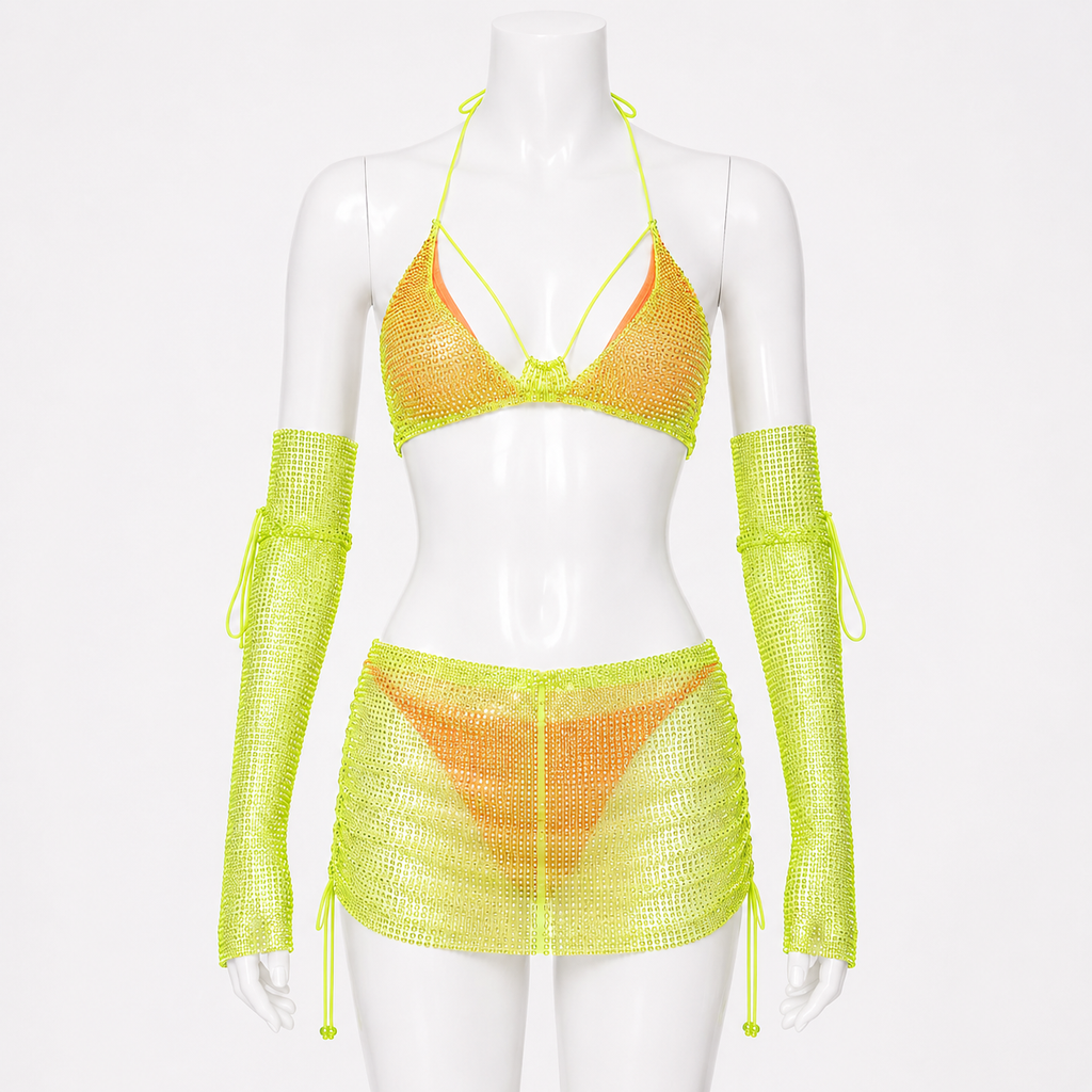 Lime Glow Rhinestone Mesh Cover-Up Set