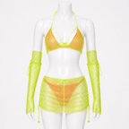 Lime Glow Rhinestone Mesh Cover-Up Set