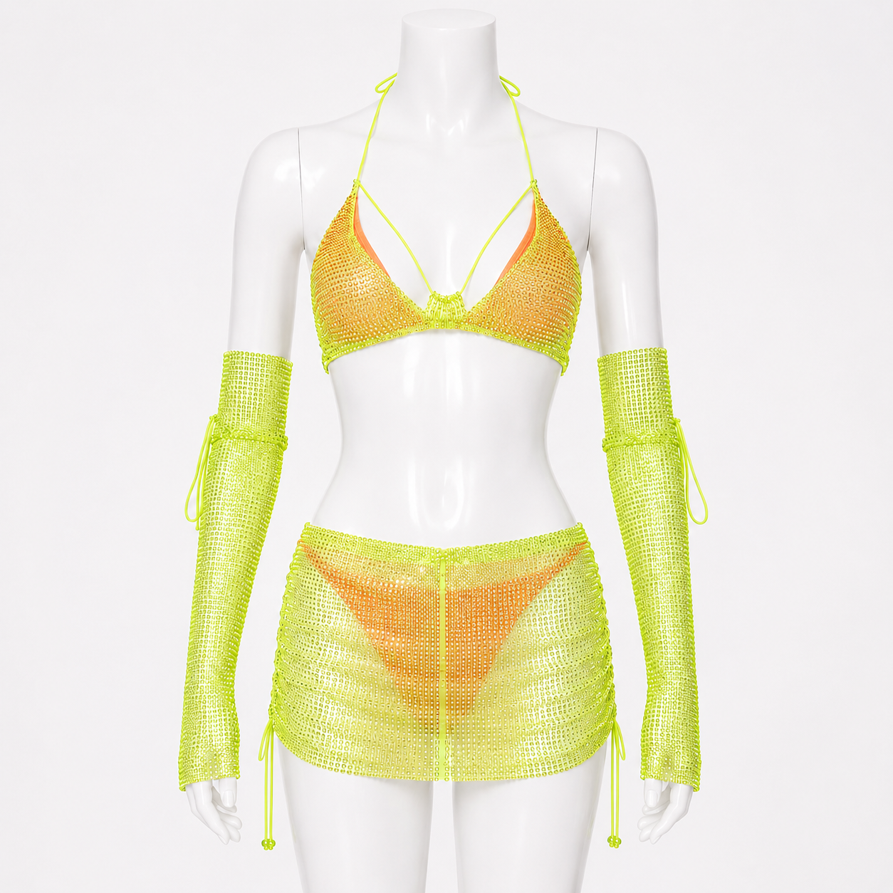 Lime Glow Rhinestone Mesh Cover-Up Set